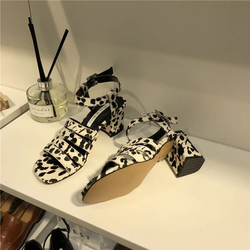 LUXE SEVEN DESIGN MULTI STRAP HEELED SANDALS IN ANIMAL PRINT