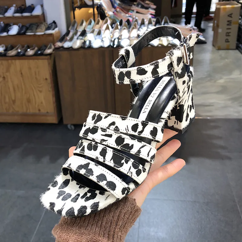 LUXE SEVEN DESIGN MULTI STRAP HEELED SANDALS IN ANIMAL PRINT