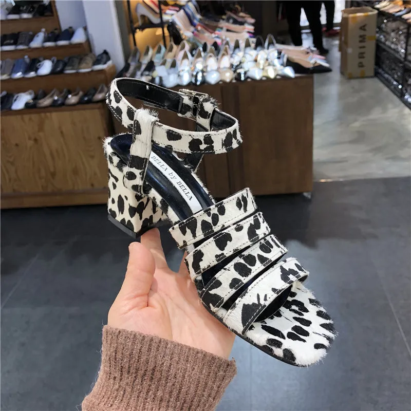 LUXE SEVEN DESIGN MULTI STRAP HEELED SANDALS IN ANIMAL PRINT