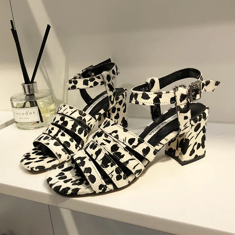 LUXE SEVEN DESIGN MULTI STRAP HEELED SANDALS IN ANIMAL PRINT