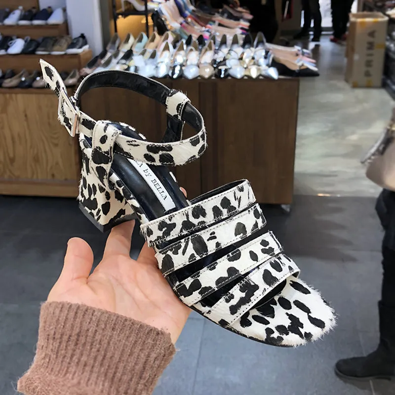 LUXE SEVEN DESIGN MULTI STRAP HEELED SANDALS IN ANIMAL PRINT