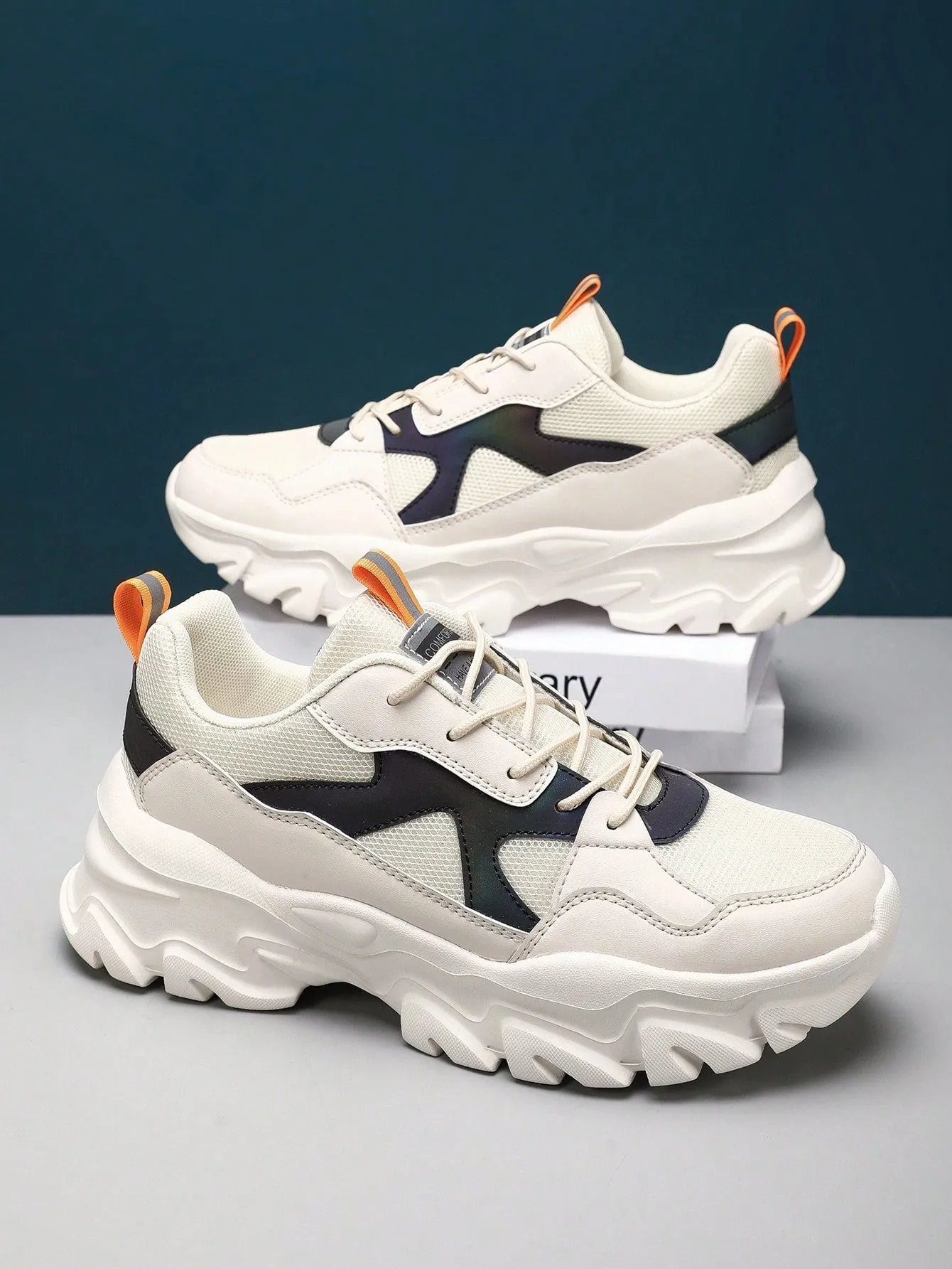 Men Contrast Piping Chunky Sneakers, Lace-Up Front Sneakers