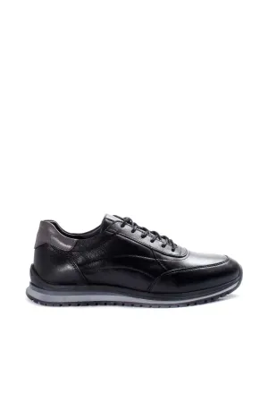 Men's Black Leather Lace-Up Sneakers with Contrast Sole - Wessi