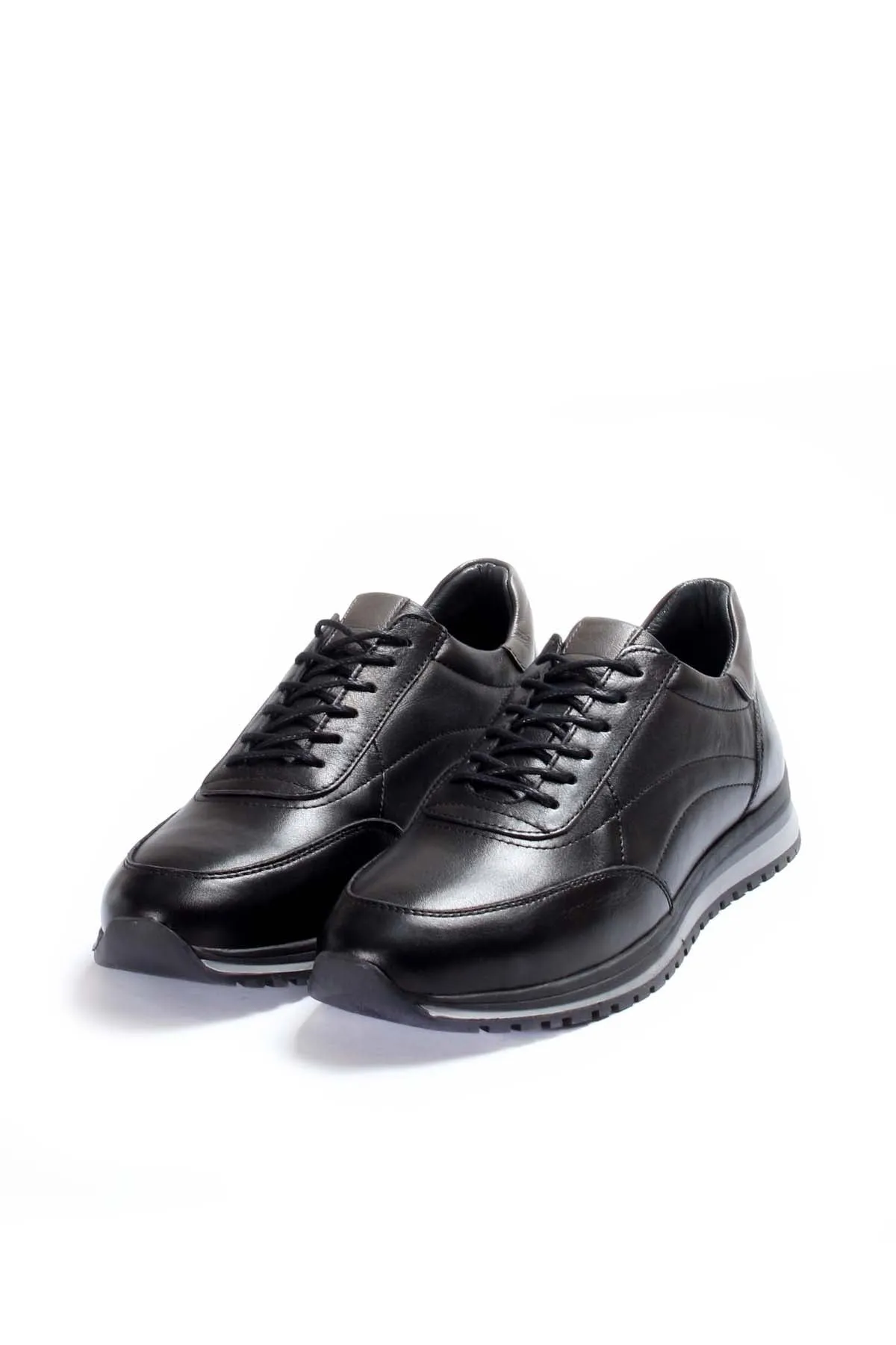 Men's Black Leather Lace-Up Sneakers with Contrast Sole - Wessi