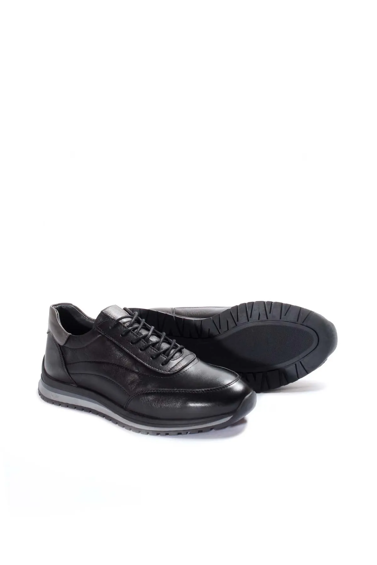 Men's Black Leather Lace-Up Sneakers with Contrast Sole - Wessi