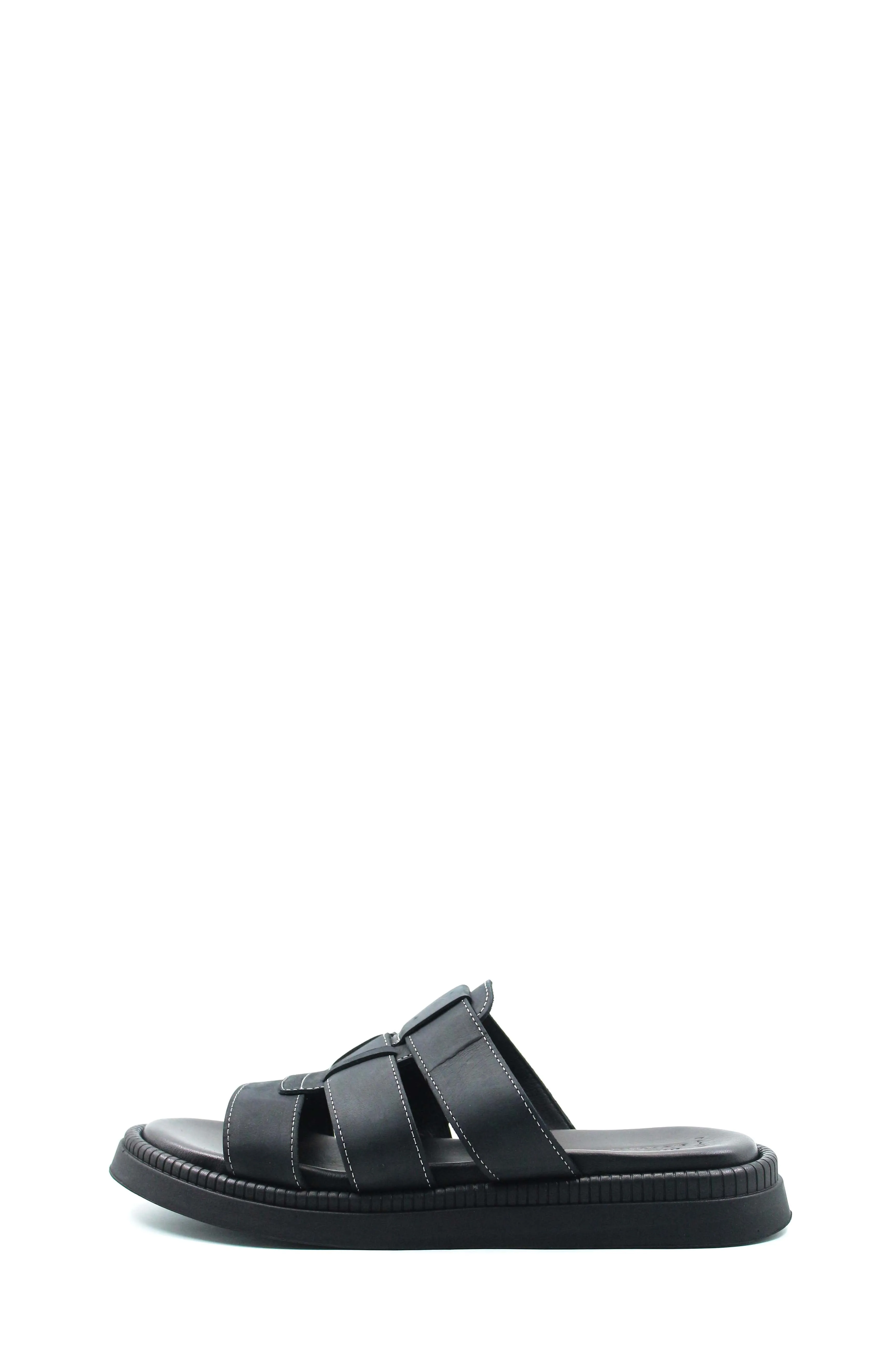 Men's Black Leather Slip-On Slippers with Triple-Strap Design and Cushioned Sole - Wessi