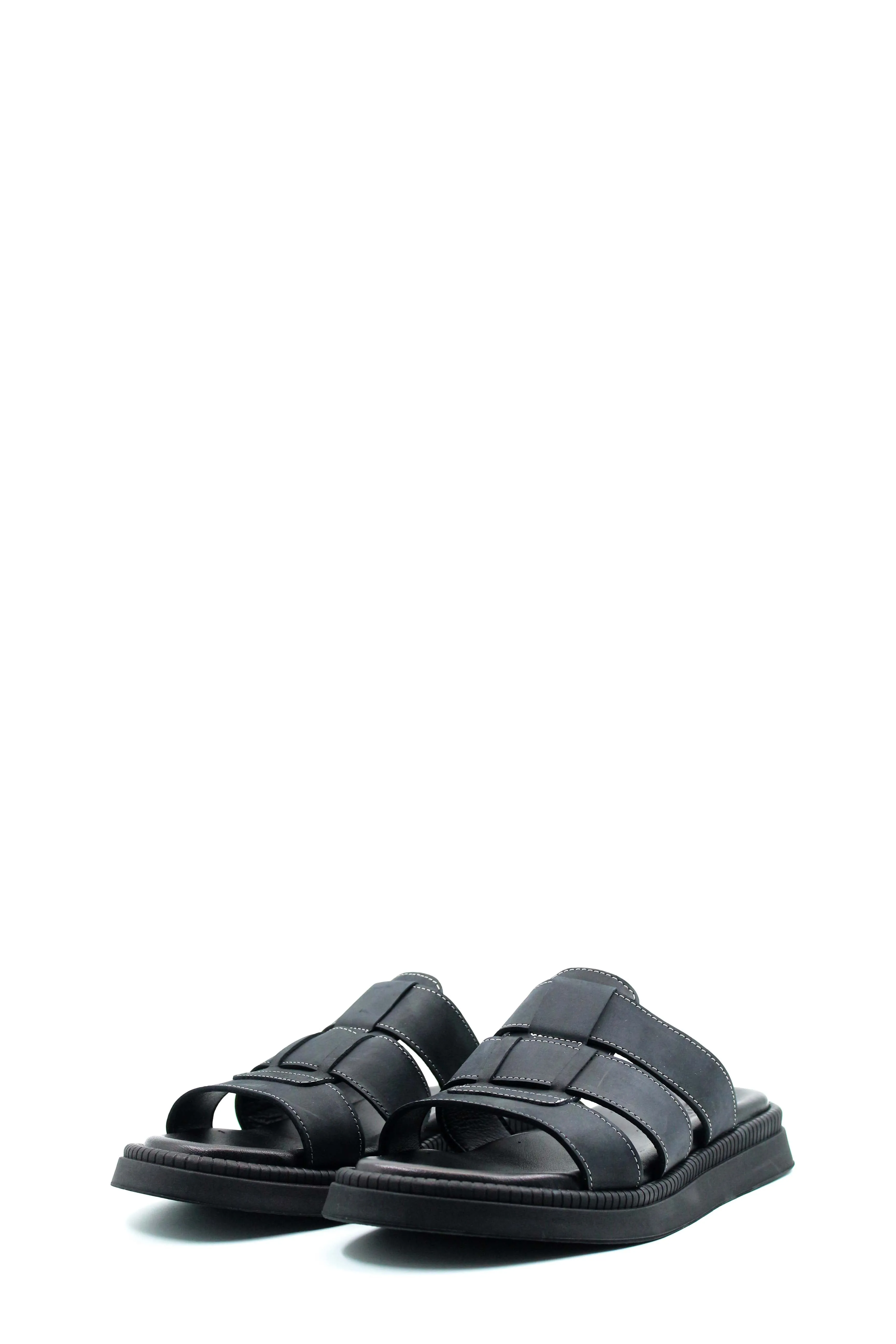 Men's Black Leather Slip-On Slippers with Triple-Strap Design and Cushioned Sole - Wessi