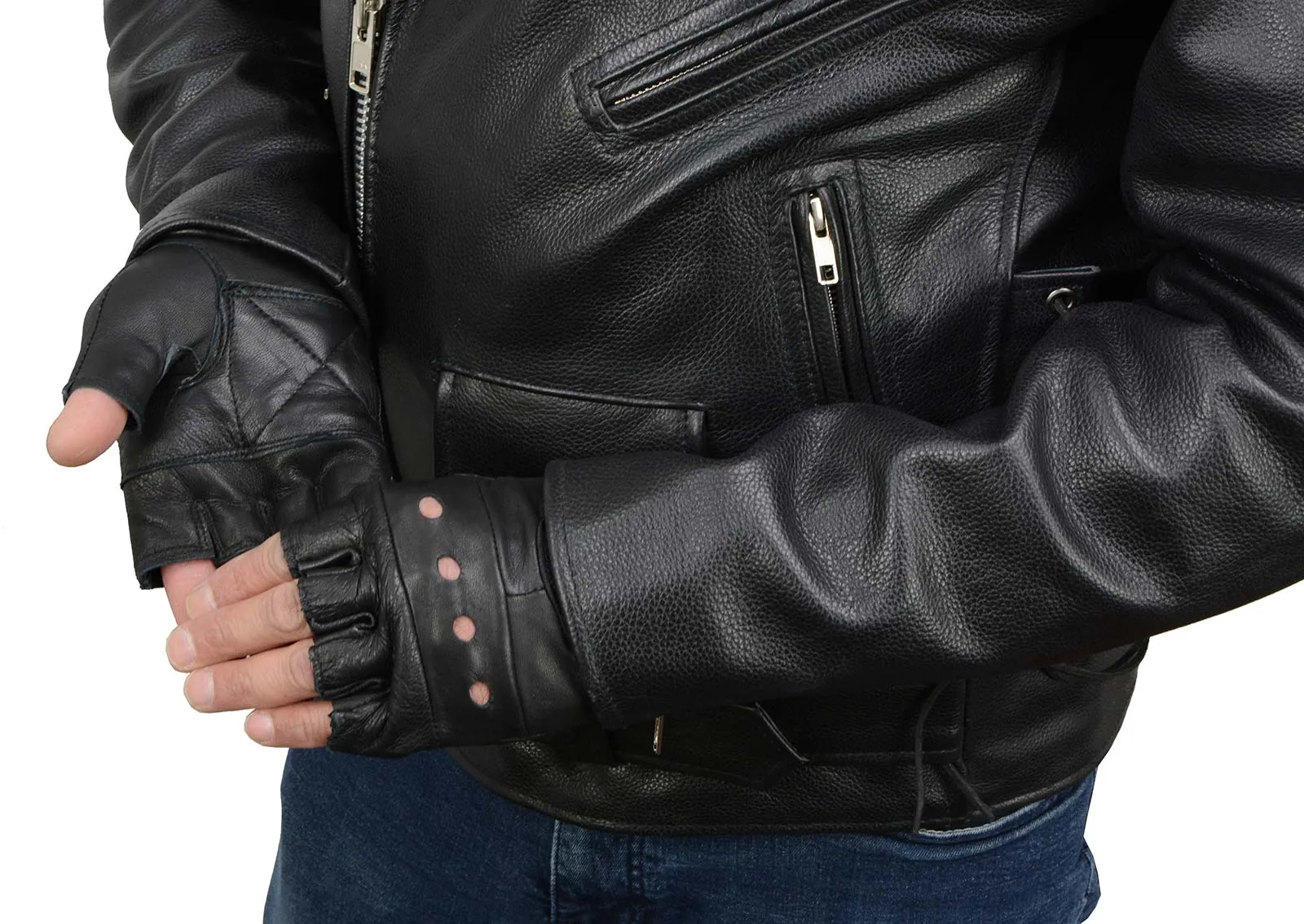 Milwaukee Leather SH216 Men's Black Leather Gel Padded Palm Fingerless Motorcycle Hand Gloves W/ Breathable Open Knuckle