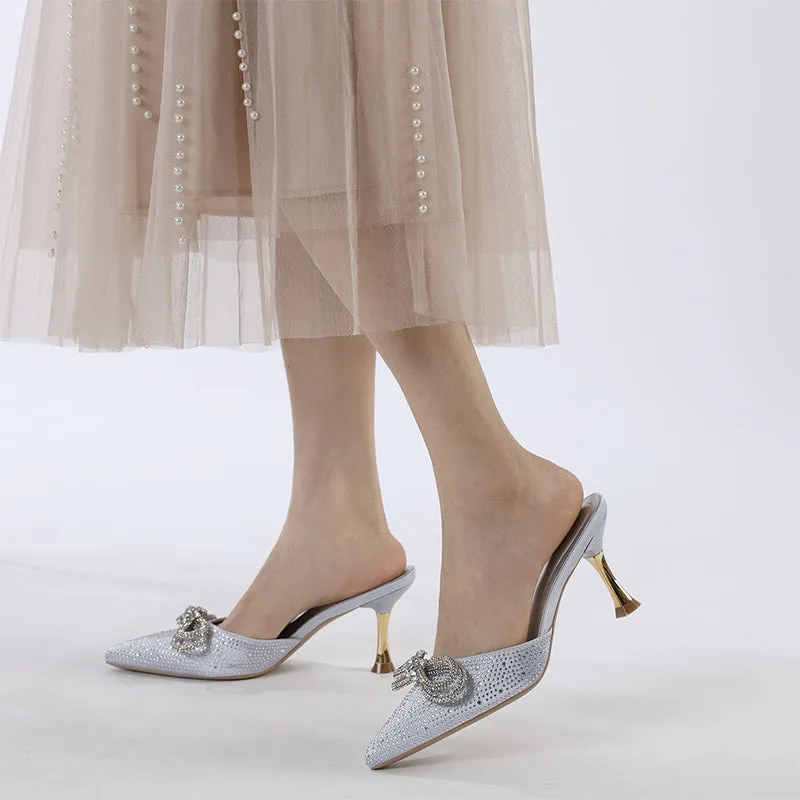Minimalist Pointed Toe Bow with Rhinestone Stiletto Sandals