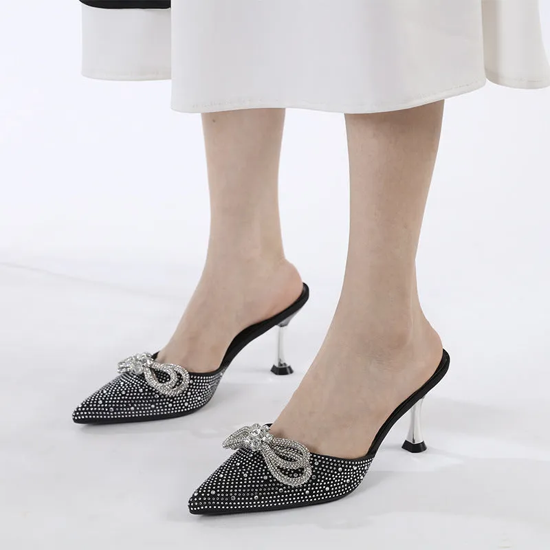 Minimalist Pointed Toe Bow with Rhinestone Stiletto Sandals