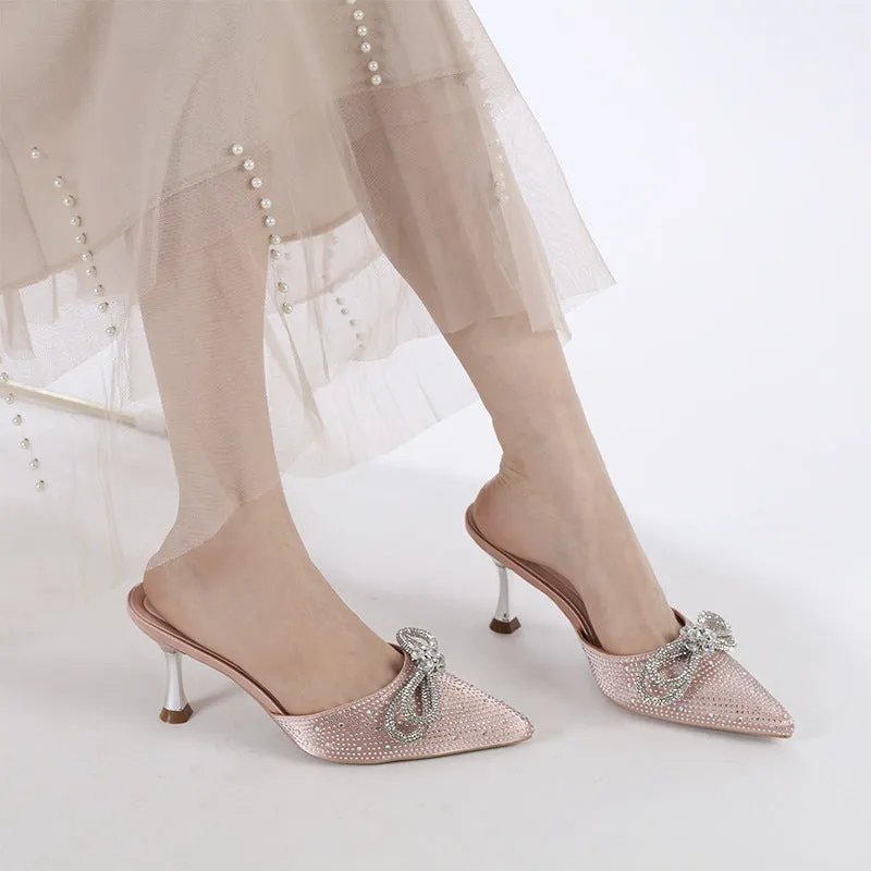 Minimalist Pointed Toe Bow with Rhinestone Stiletto Sandals
