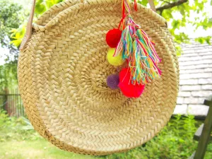 Moroccan Handmade Round Straw Basket With PomPom/Tassel