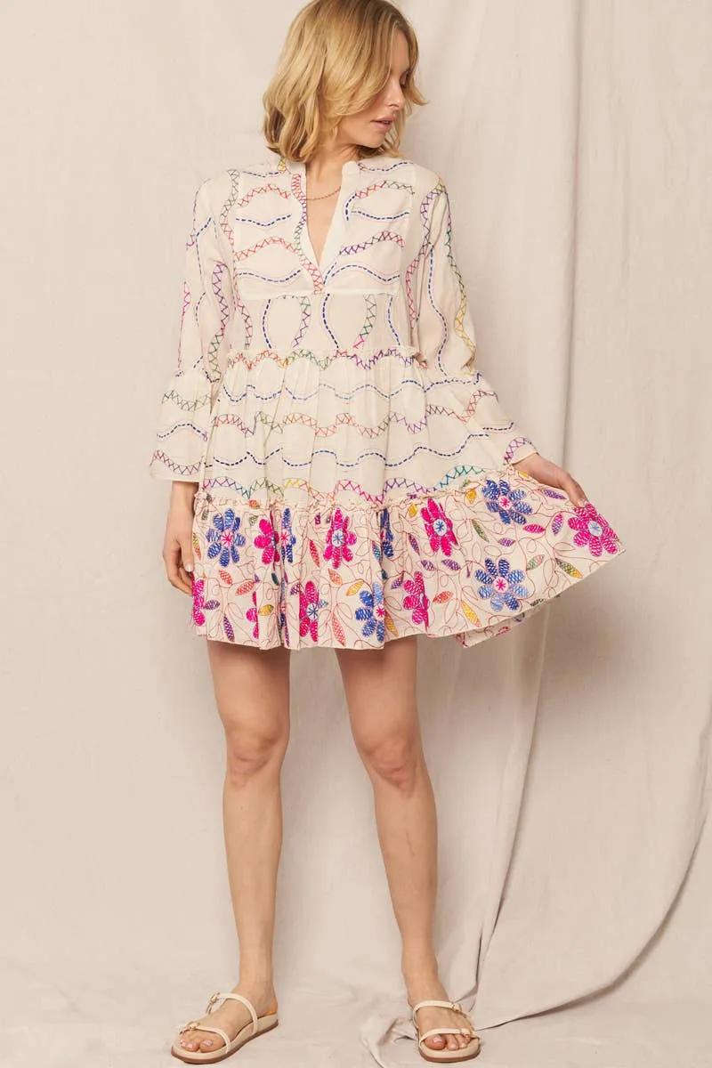 Multicolor Embroidered V-Neck Tiered Mini Dress