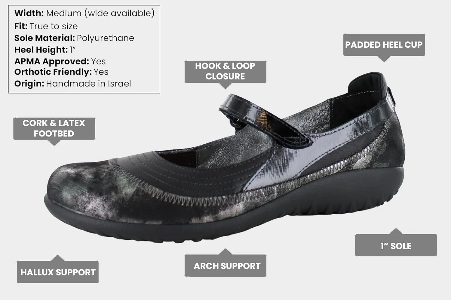 NAOT Footwear Women's Kirei Maryjane with Cork Footbed and Arch Comfort and Support - Lightweight and Perfect for Travel- Removable Footbed