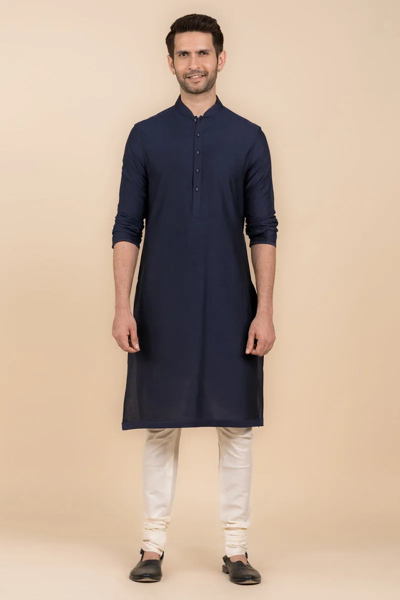 Navy Single Kurta With Zero Point Collar