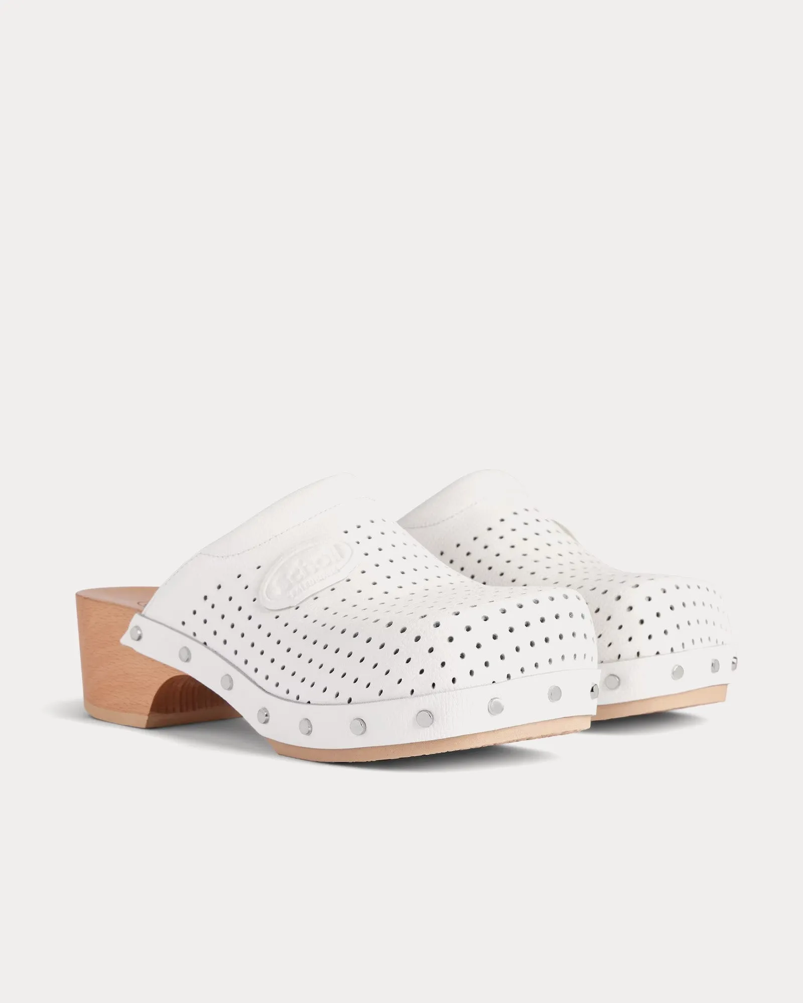 Perforated Leather White Clog Mules