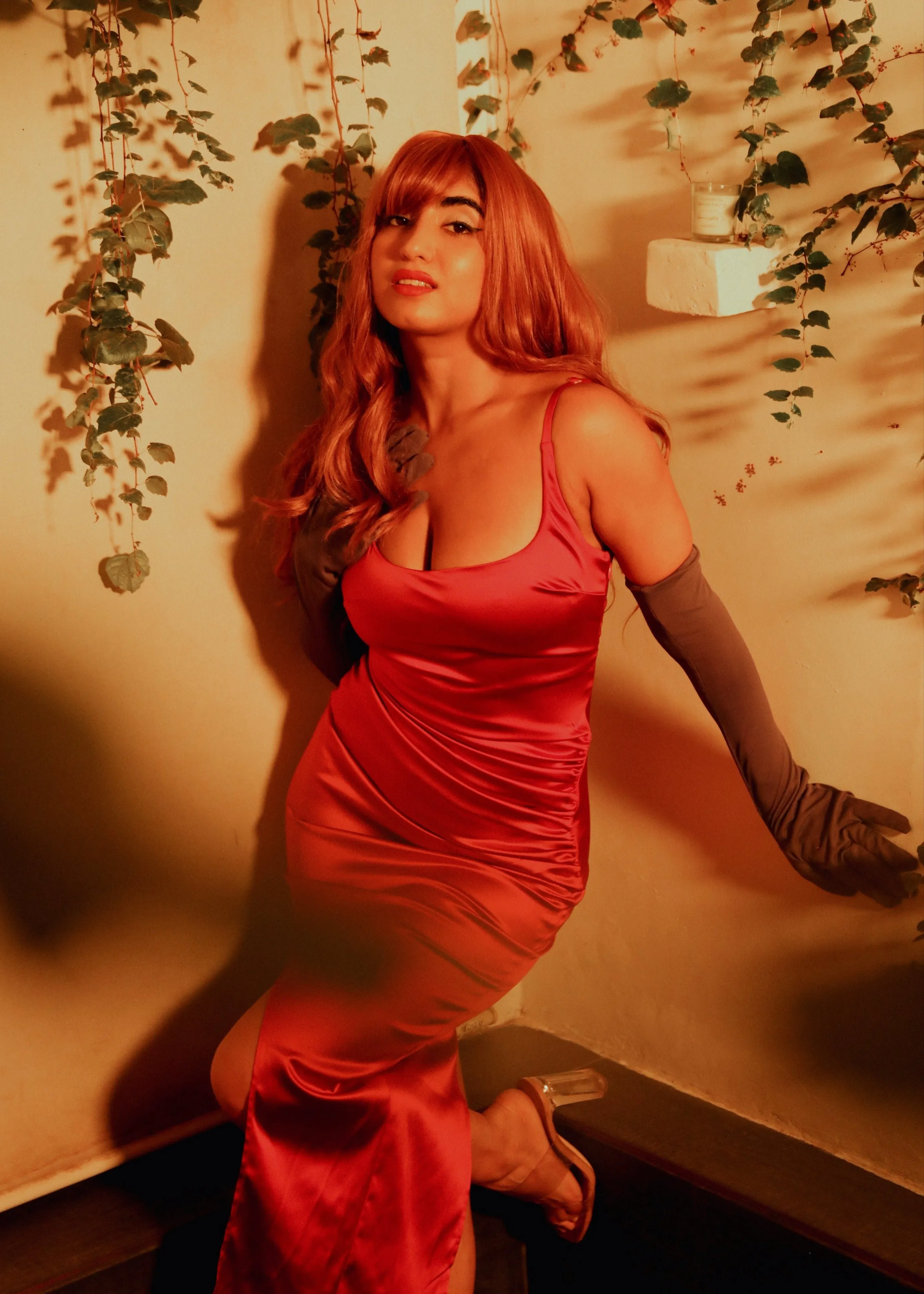 Rose Red Satin Asymmetrical Midi Dress