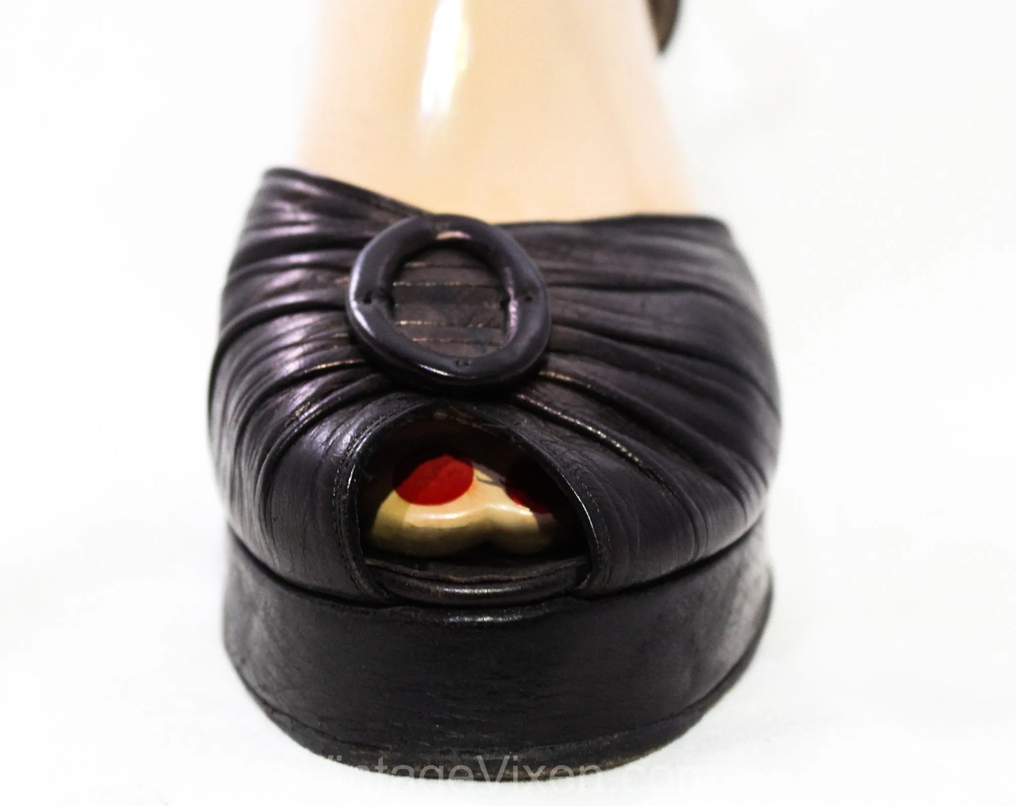Size 7.5 1940s Platform Shoe - Gorgeous 1940s Bronze Goddess Open Toe Heels with Ankle Strap - WWII Pin Up Metallic Brown Leather - 7 1/2 B