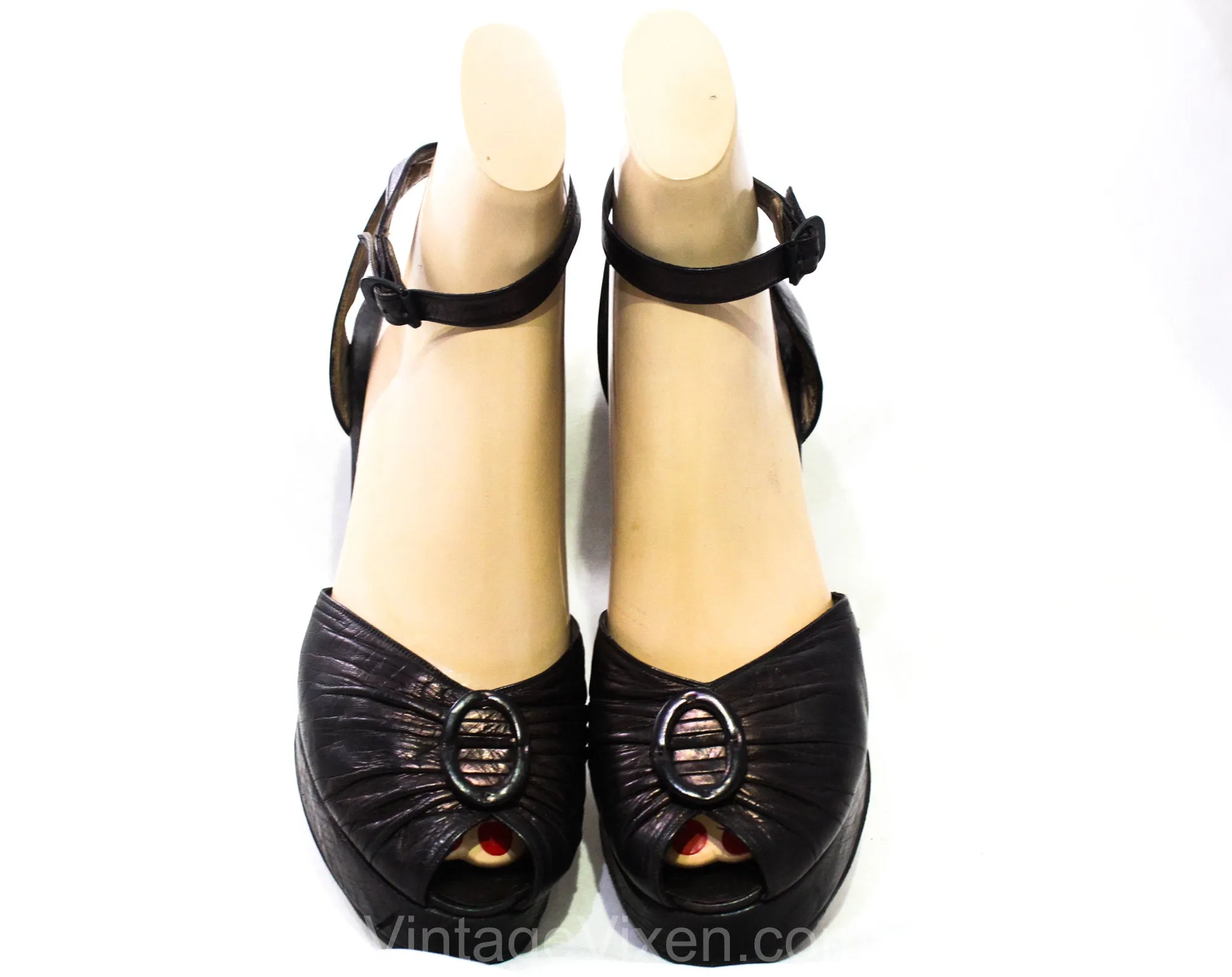 Size 7.5 1940s Platform Shoe - Gorgeous 1940s Bronze Goddess Open Toe Heels with Ankle Strap - WWII Pin Up Metallic Brown Leather - 7 1/2 B