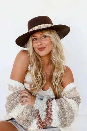 STRUCTURED FLAT WIDE BRIM HAT WITH BRAID DETAIL - CHOCOLATE