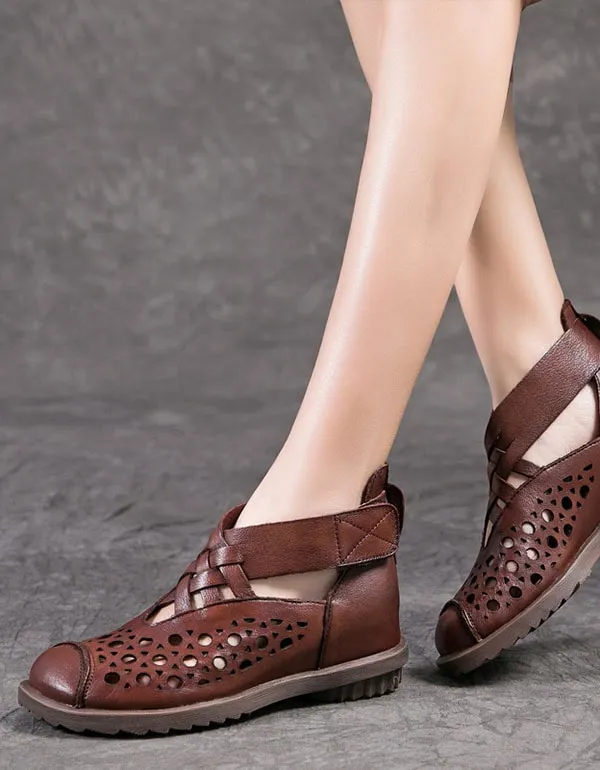 Summer Handmade Retro Leather Velcro Flat Boots
