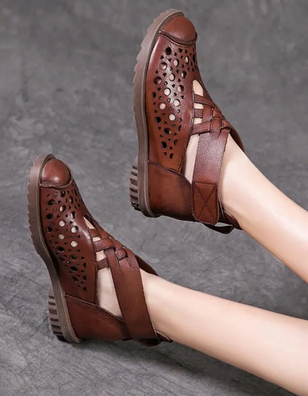 Summer Handmade Retro Leather Velcro Flat Boots