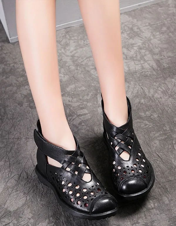 Summer Handmade Retro Leather Velcro Flat Boots