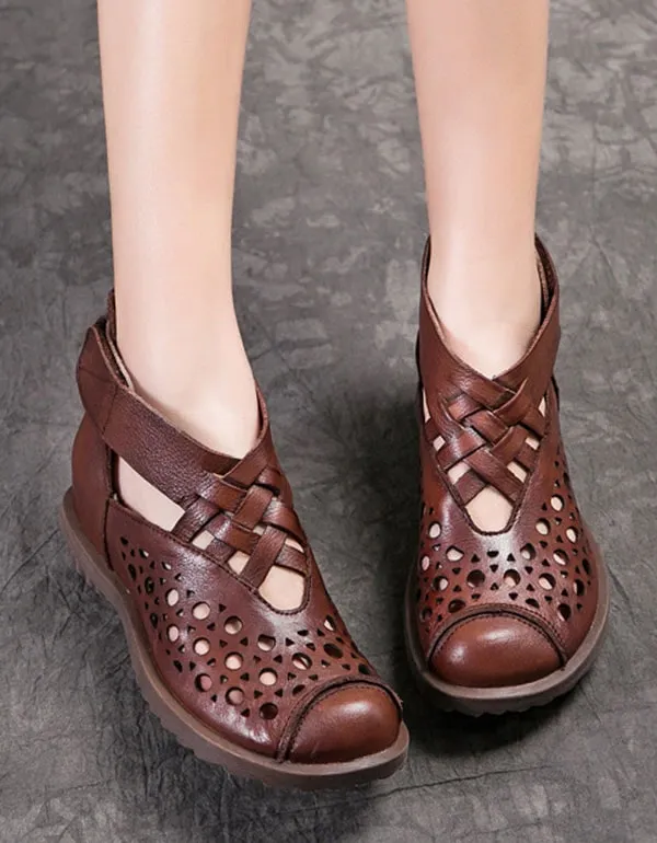 Summer Handmade Retro Leather Velcro Flat Boots