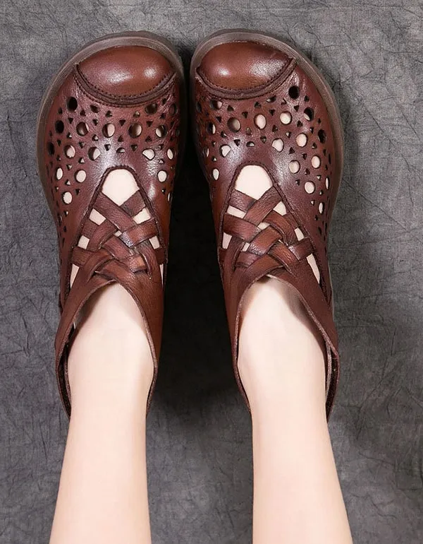 Summer Handmade Retro Leather Velcro Flat Boots