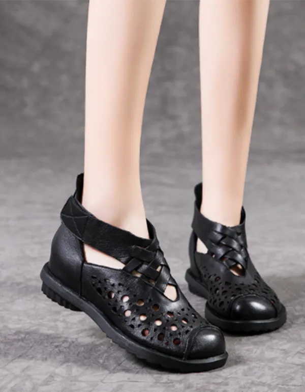 Summer Handmade Retro Leather Velcro Flat Boots