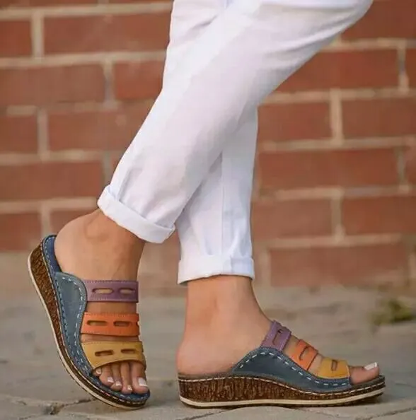 Summer Open Toe Flat Leather Multicolor Slide Sandals