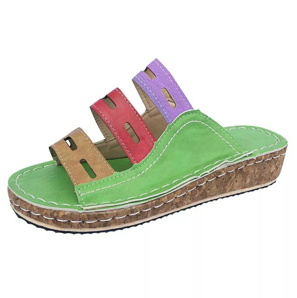 Summer Open Toe Flat Leather Multicolor Slide Sandals