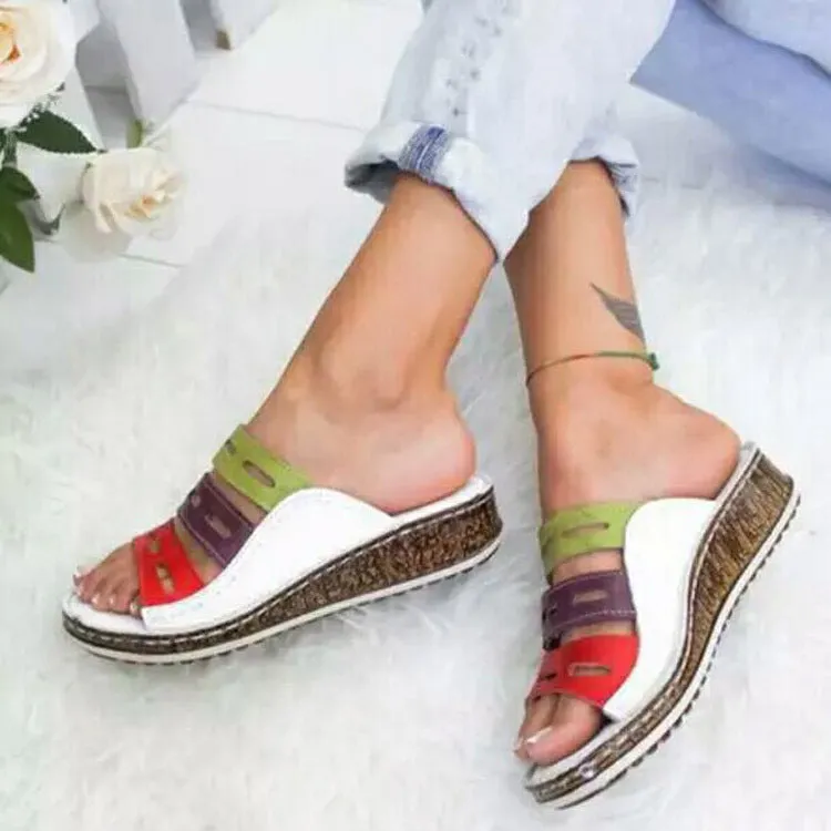 Summer Open Toe Flat Leather Multicolor Slide Sandals
