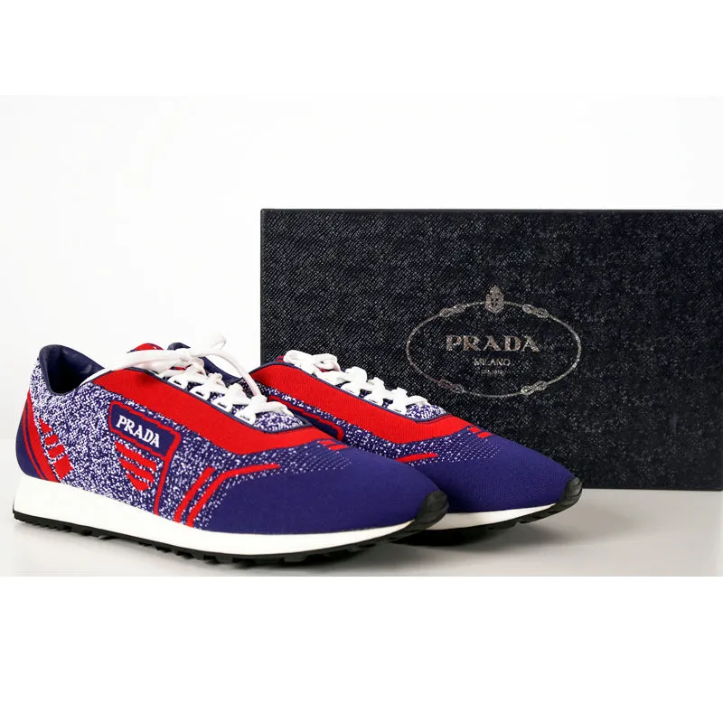 UK 10.5 US 11.5 NEW $760 PRADA Blue Red White Mln 70 KNIT LOGO TRAINERS SNEAKERS