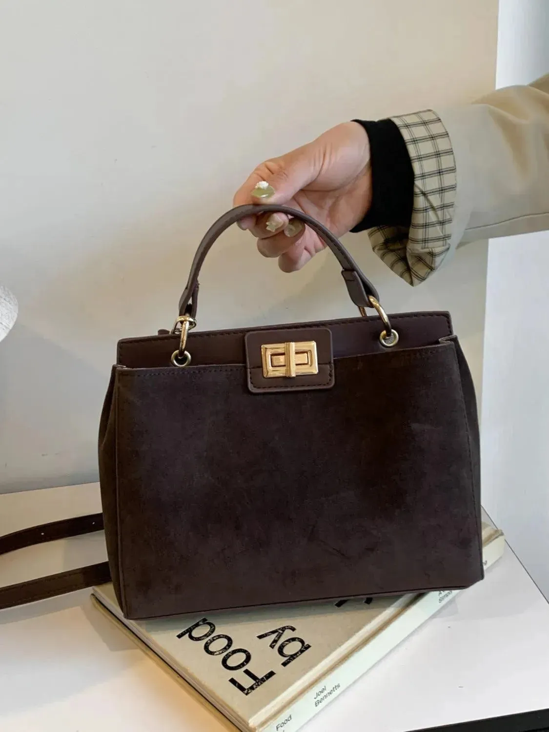 Versatile Solid Color Handbag with Detachable Strap