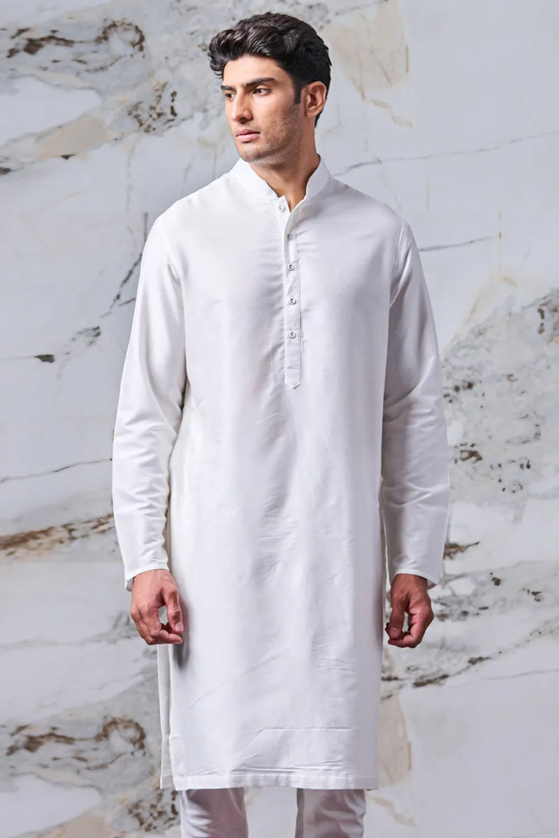 White Single Kurta With Zero Point Collar