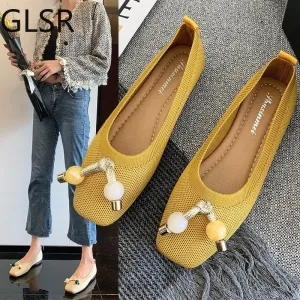 Women Flats Ballet Shoes Breathable Knitted Square Toe Moccasins