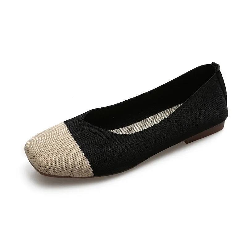 Women Flats Ballet Shoes Breathable Knitted Square Toe Moccasins