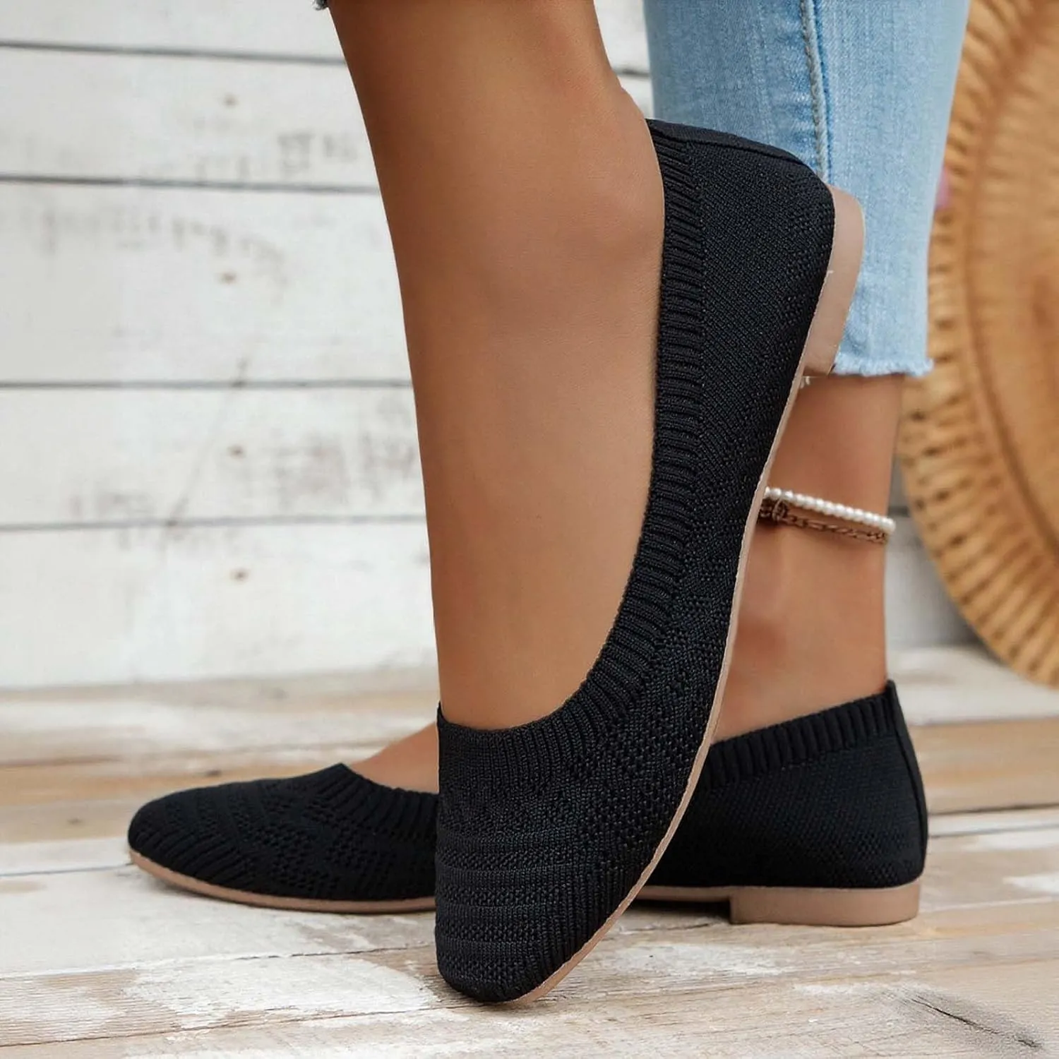 Women's Casual Flat Shoes Breathable Knit Slip On Comfortable Ballet for Daily Wear Spring Summer