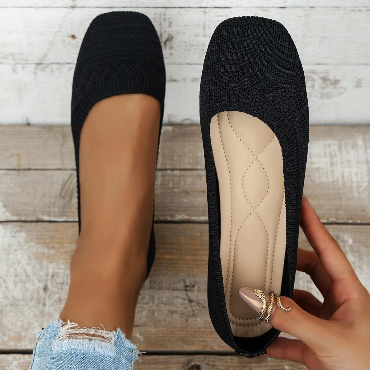 Women's Casual Flat Shoes Breathable Knit Slip On Comfortable Ballet for Daily Wear Spring Summer